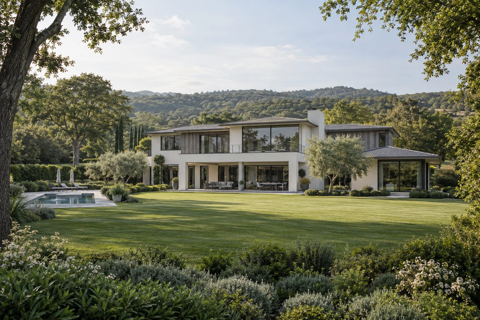 A contemporary hillside estate with expansive grounds and mature landscaping